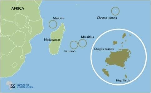 Map of Diego Garcia and surrounding Chagos Islands in the Indian Ocean